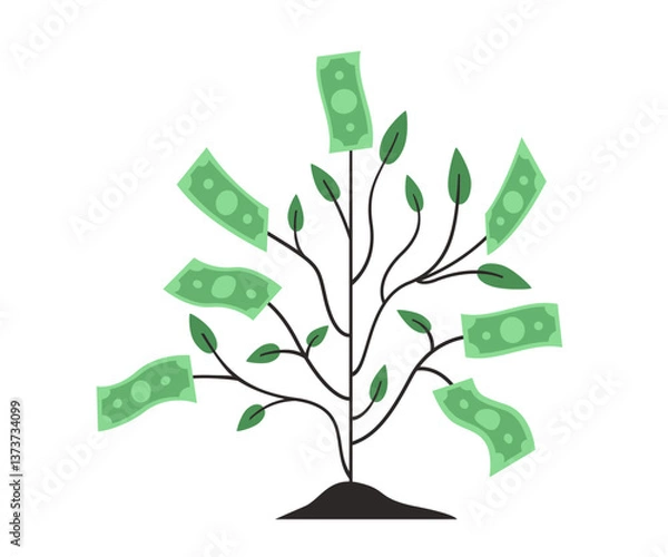 Fototapeta Money Tree. Investment growth concept. Money plants with gold coins and paper dollars. Flat vector illustration isolated on white background.