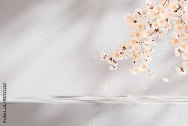 Fototapeta Easter background with apple blossom branch and white table. Spring flower backdrop for beauty, cosmetic and luxury brand display mockup. Natural minimal aesthetic template.