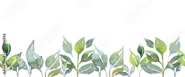 Obraz Watercolor border of leaves, green branches, grass, botanical illustration isolated on transparent background	