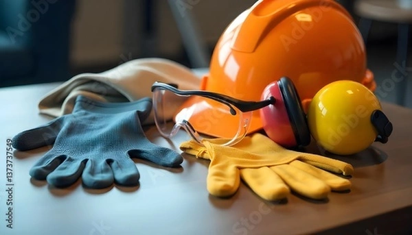 Fototapeta A set of personal protective equipment (PPE) neatly arranged on a table, including gloves, goggles, ear protection, and a hard hat, perfect for World Day of Safety and Health at Work