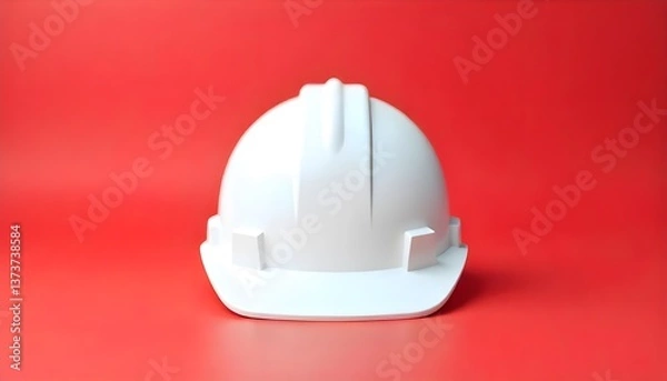 Fototapeta Front facing white construction helmet in a minimalist mockup style, isolated against a red background, symbolizing safety and professionalism