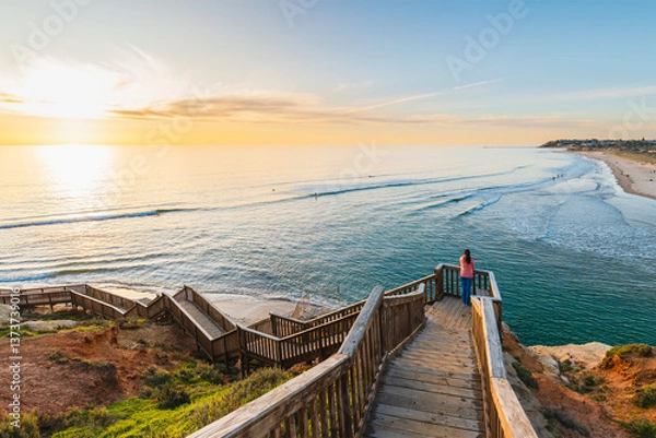 Fototapeta Woman enjoying spectacular view from the South Port Beach boardwalk during sunset, Port Noarlunga, South Australia