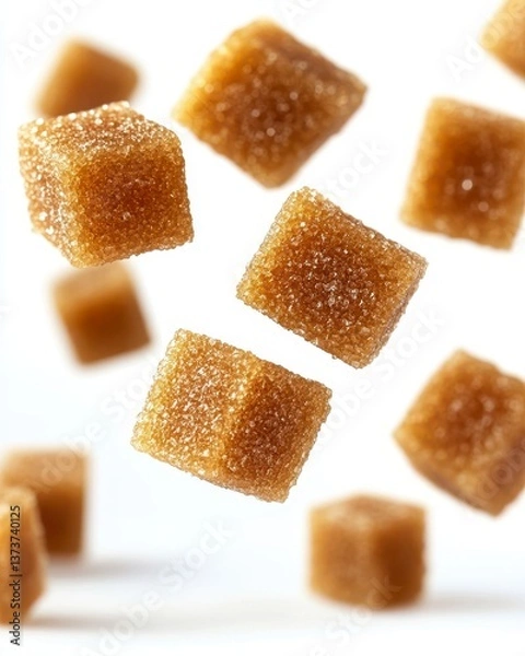 Obraz Floating Brown Sugar Cubes on White Background a Sweet Food Ingredient Still Life Overhead Shot