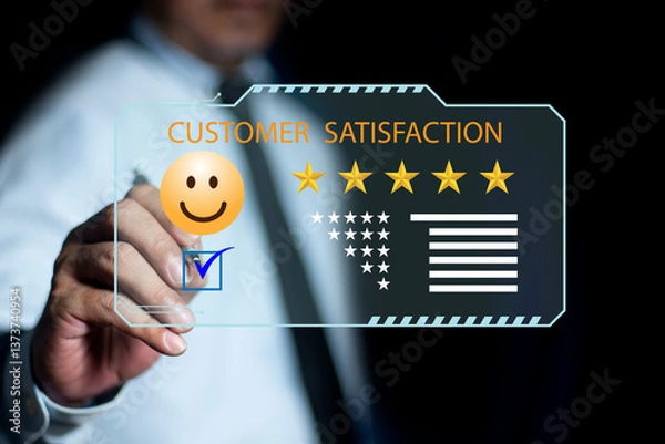 Fototapeta Businessman customer giving five star rating, Customer service experience and feedback review satisfaction. 5 star rating. Review, Service rating, Satisfaction