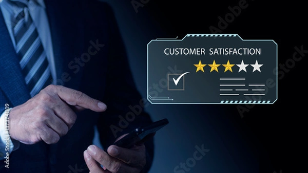 Fototapeta Businessman customer giving three star rating, Customer service experience and feedback review satisfaction. 3 star rating. Review, Service rating, Satisfaction