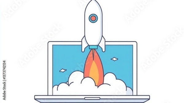 Fototapeta A minimalist illustration of a rocket launching from a laptop screen surrounded by clouds, symbolizing innovation, startup ideas, and digital progress. The vibrant design is perfect for tech-related