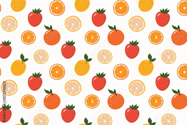 Fototapeta Seamless pattern with fruits on white background. Citrus orange and red strawberry doodle background vector.