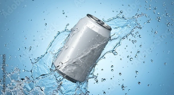 Fototapeta Aluminum Can Refreshment with Splashing Water Against a Blue Background Studio