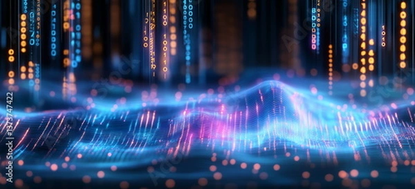 Fototapeta Data trends. Three dimensional surface of complex data subjects. Blue wire frame mesh on black background. Data visualization. 3D illustration, 3D rendering.