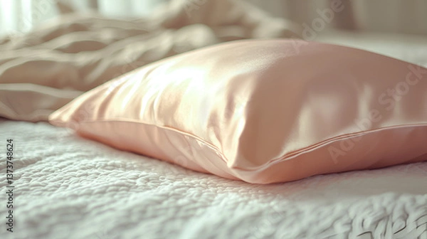 Fototapeta Soft satin pillow resting on a quilted bed, inviting rest and relaxation in a serene bedroom setting.