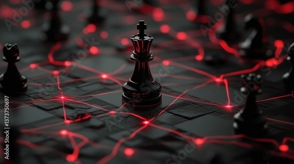 Fototapeta Black king chess piece standing on a dark chessboard with red laser connections, symbolizing strategy, network, and digital warfare