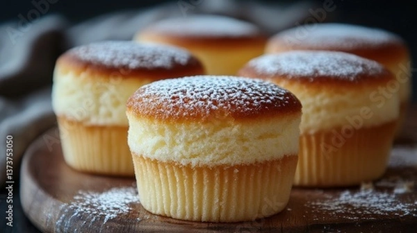 Fototapeta Golden cupcake dusted with powdered sugar sits on rustic wood. Soft light and blurred background create a cozy, sweet treat
