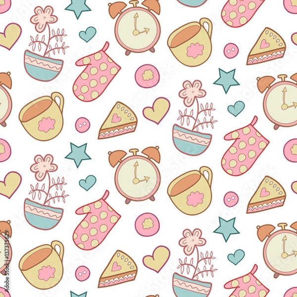 Fototapeta Cute morning vector seamless pattern with star, flower, potholder, pie, cup etc. Kitchen background. Sweet home elements