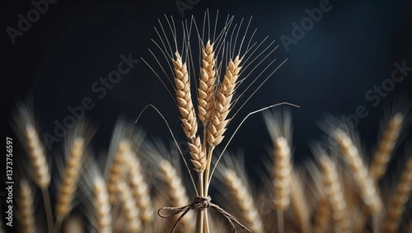 Fototapeta Natural Wheat Sheaf with Rustic Tied String on Dark Background.