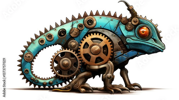 Obraz Steampunk Mechanical Chameleon with Intricate Gears and Cogs, Vibrant Robotic Reptile Illustration in Futuristic Design