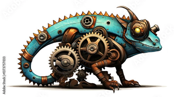 Obraz Steampunk Mechanical Chameleon with Intricate Gears and Cogs, Vibrant Robotic Reptile Illustration in Futuristic Design