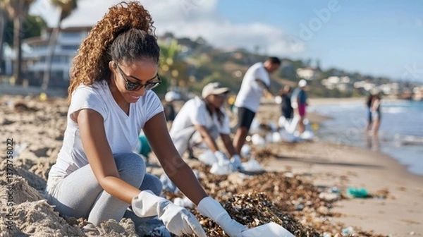 Fototapeta Community Members Engaged in Beach Cleanup Activity on Sunny Day