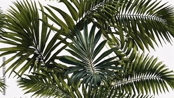 Fototapeta Vibrant green palm leaves create a lush backdrop, evoking a tropical atmosphere filled with life.