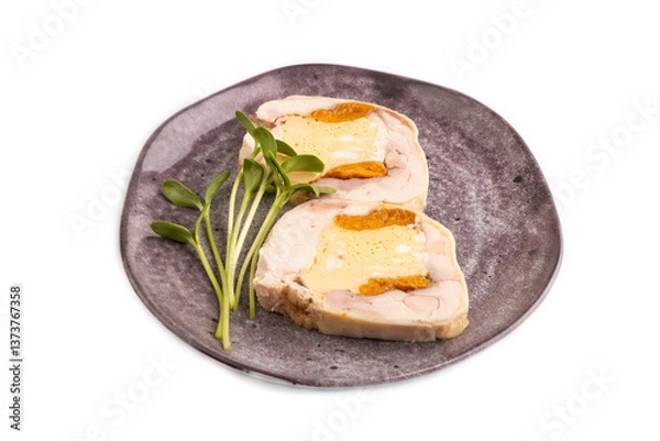 Fototapeta Chicken, egg and dried apricot meatloaf isolated on white. Diet, healthy eating. side view, copy space