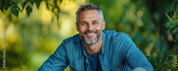 Obraz Happy Man Smiling Outdoors Amidst Vibrant Nature in Daylight