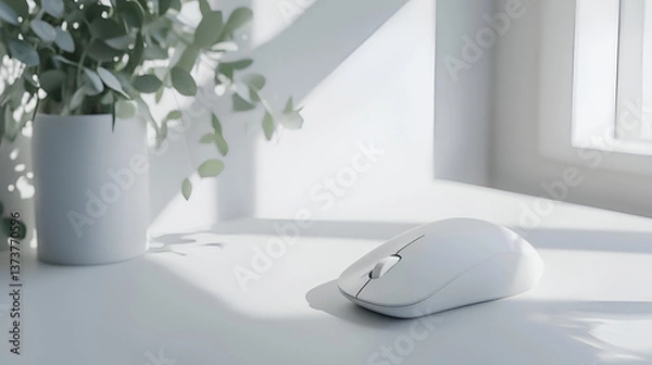 Fototapeta Minimalist workspace: White computer mouse, plant, and sunlight create a calm and productive atmosphere.