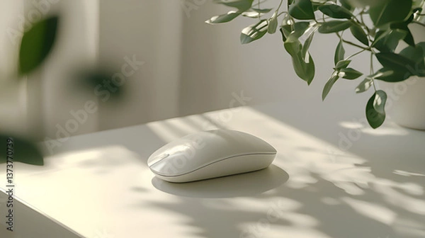 Fototapeta A minimalistic workspace features a wireless computer mouse and a potted plant creating a serene and clean aesthetic.