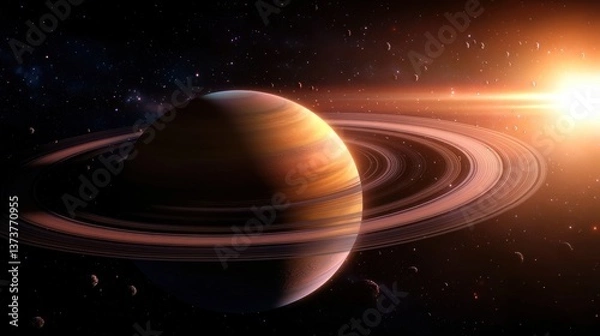 Fototapeta Stunning view of a distant planet with rings and surrounding celestial bodies in space