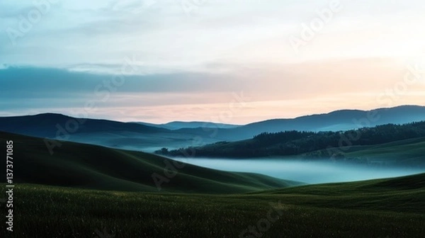 Fototapeta Serene landscape at dawn with rolling hills, misty valleys, and soft pastel skies