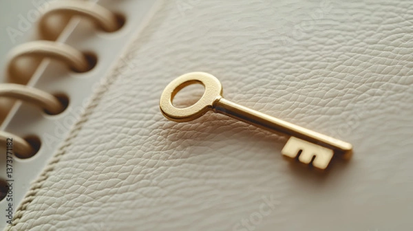 Fototapeta A golden key rests on a textured, ivory surface. Simple elegance and quiet assurance are conveyed.