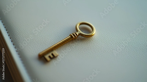 Fototapeta A vintage key lies on a light textured surface, golden and gleaming, hinting at secrets and possibilities.