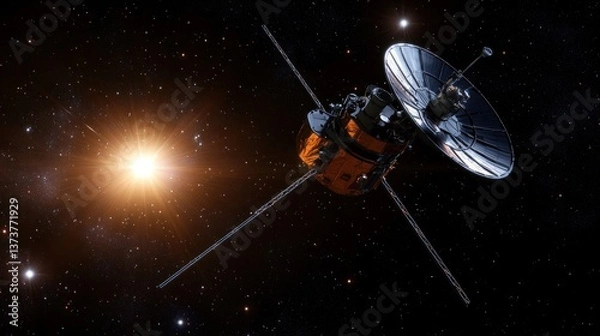 Fototapeta Spacecraft exploring the cosmos, capturing solar flares amidst a starry backdrop, showcasing technology