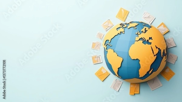 Fototapeta Import Tariffs trade impact concept. Colorful globe with postcards on a light background.