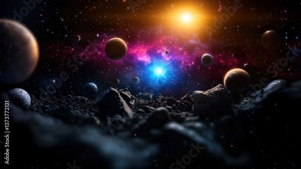 Fototapeta Cosmic landscape featuring vibrant galaxies, diverse planets, and rocky terrain in outer space