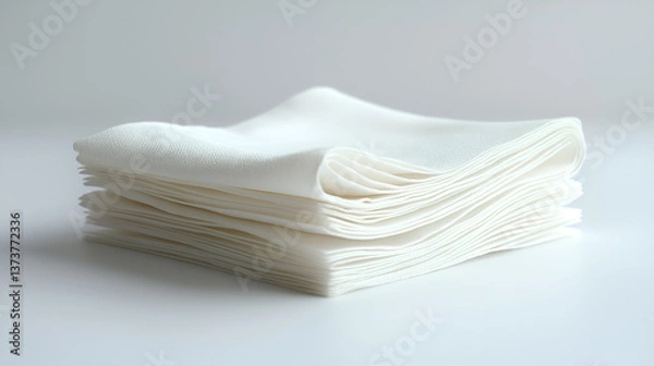 Fototapeta Stack of pristine white folded linens in a soft, light-filled ambiance, showcasing crisp and smooth textures.