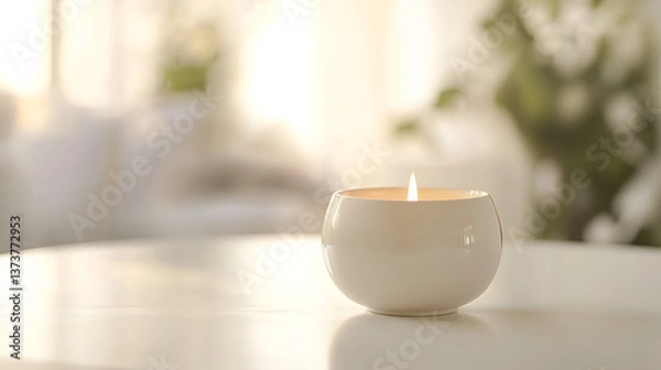Fototapeta Warm glow of a candle in a ceramic holder on a table, creating a serene and inviting atmosphere.