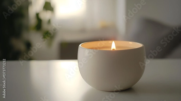 Fototapeta Illuminated white ceramic candle with warm glow on table, soft light background. Relaxing atmosphere