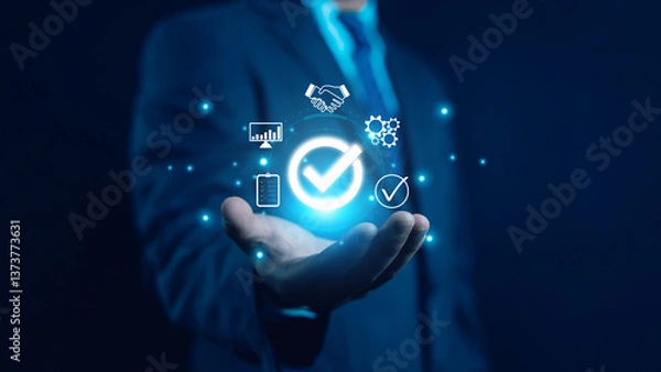 Fototapeta Hand shows sign of top service Quality assurance, Guarantee, Standards, ISO certification and standardization concept, satisfaction, service experience, show the standards of products and services.
