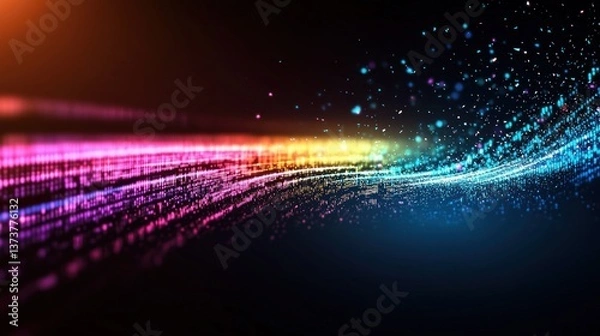 Fototapeta Vibrant abstract wave of colorful light particles flowing through a dark background