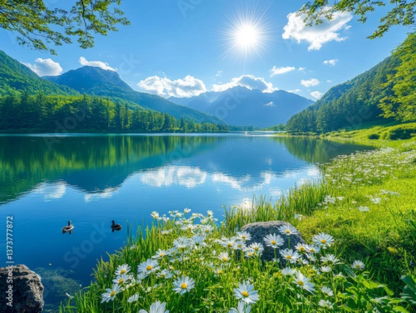 Obraz A beautiful lake with mountains in the background