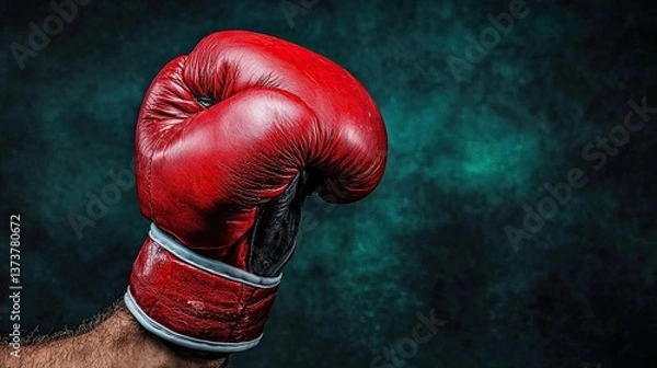Fototapeta A powerful close-up of a red boxing glove clenched in a punch-ready pose against a textured dark teal background – symbol of strength and focus – AI Generated Digital Art