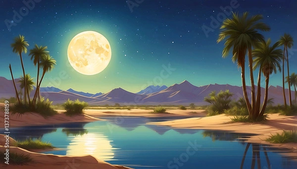 Fototapeta A serene desert oasis scene ,features a small cluster of lush green palm trees and vegetation situated on a sandy island surrounded by calm, reflective water