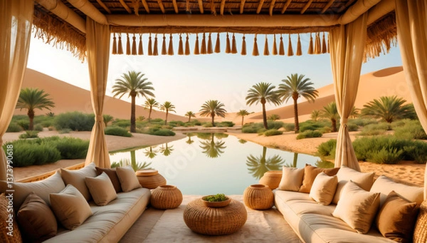 Fototapeta A serene desert oasis scene ,features a small cluster of lush green palm trees and vegetation situated on a sandy island surrounded by calm, reflective water