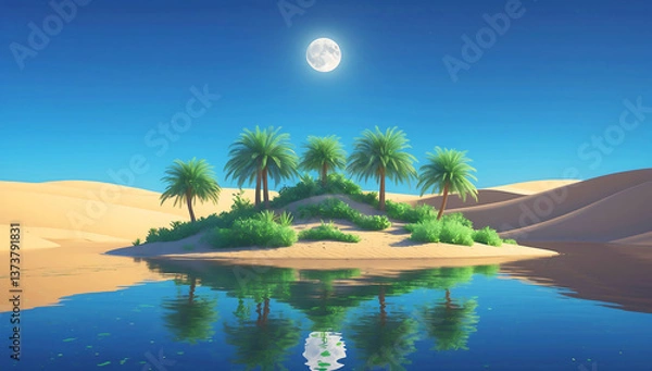 Fototapeta A serene desert oasis scene ,features a small cluster of lush green palm trees and vegetation situated on a sandy island surrounded by calm, reflective water
