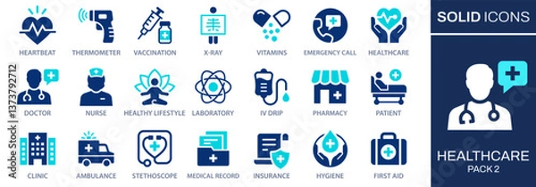 Obraz Healthcare icon set. Collection of nurse, IV drip, ambulance, doctor, and more. Vector illustration. Easily changes to any color.