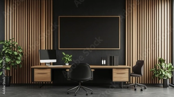 Fototapeta Sophisticated modern office interior with a large desk and plants