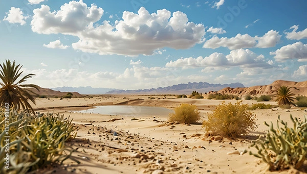 Fototapeta A serene desert oasis scene ,features a small cluster of lush green palm trees and vegetation situated on a sandy island surrounded by calm, reflective water