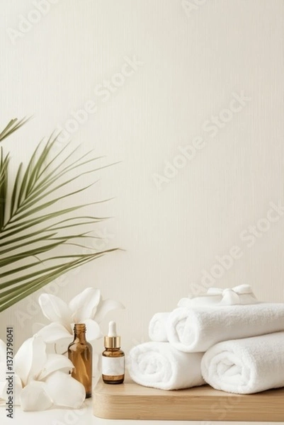 Fototapeta A tranquil spa setting features lush green leaves and elegantly arranged towels, emphasizing the focus on achieving well-groomed, silky skin on the feet