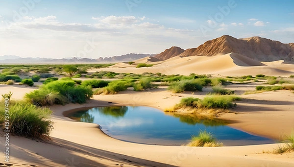 Fototapeta A serene desert oasis scene ,features a small cluster of lush green palm trees and vegetation situated on a sandy island surrounded by calm, reflective water