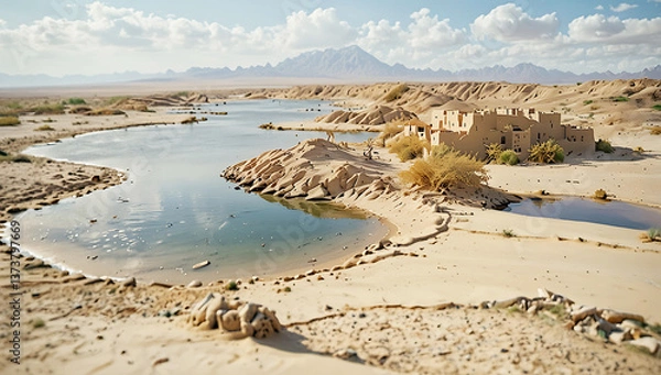 Fototapeta A serene desert oasis scene ,features a small cluster of lush green palm trees and vegetation situated on a sandy island surrounded by calm, reflective water