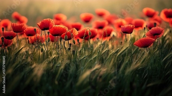 Fototapeta Vibrant red poppies dance gracefully among the golden wheat field expanse